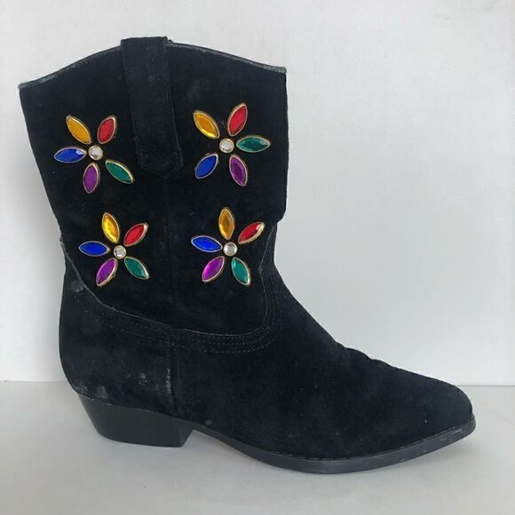 J Bar J black suede cowgirl boots with floral rhinestones on the shaft. - Picture 5 of 8